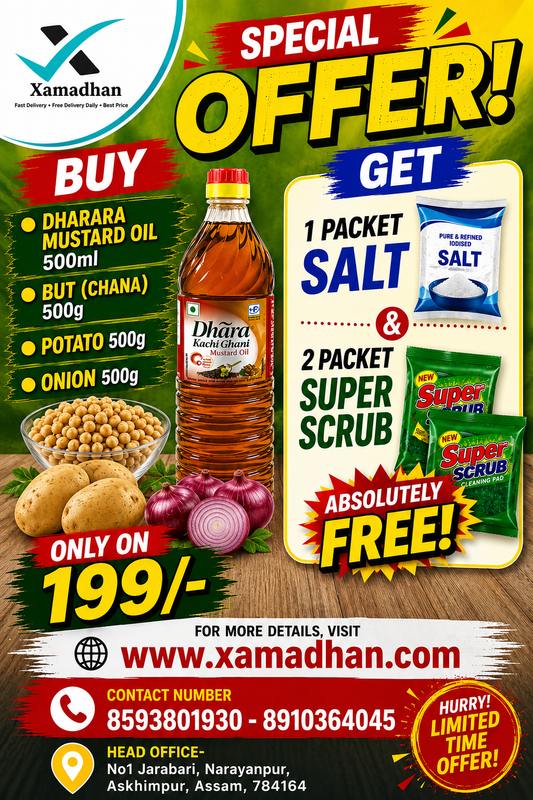 special grocery offer, ( dhara 500ml, potato 500g, onion 500g, chana 500g & 1packet salt and 2packet of super scrub absolutely free)